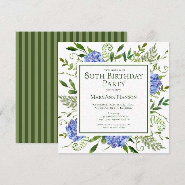 80th Birthday Blue Hydrangeas Floral Watercolor Invitation (Front/Back)