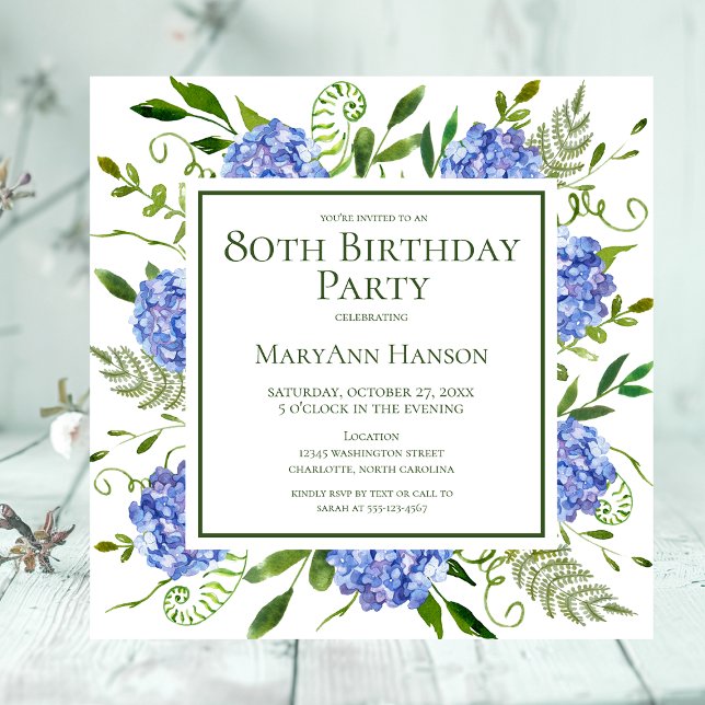 80th Birthday Blue Hydrangeas Floral Watercolor Invitation (Creator Uploaded)