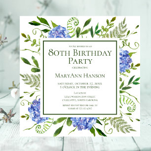 80th Birthday Blue Hydrangeas Floral Watercolor Invitation