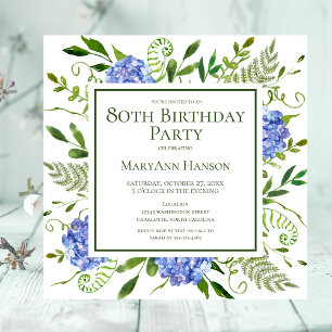 80th Birthday Blue Hydrangeas Floral Watercolor Invitation