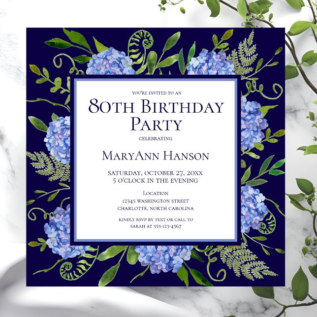 80th Birthday Blue Hydrangeas Floral Watercolor Invitation (Creator Uploaded)