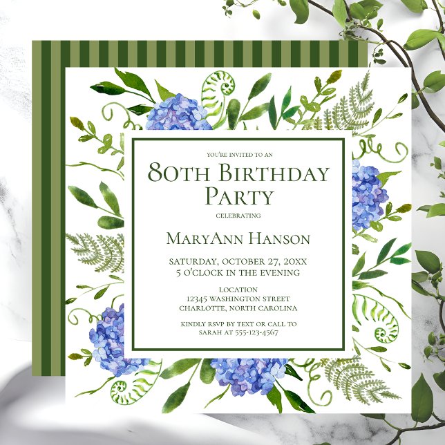 80th Birthday Blue Hydrangeas Floral Watercolor Invitation (Creator Uploaded)