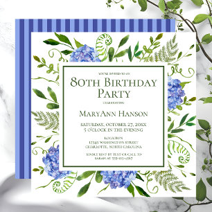 80th Birthday Blue Hydrangeas Floral Watercolor Invitation