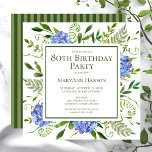 80th Birthday Blue Hydrangeas Floral Watercolor Invitation<br><div class="desc">This blue hydrangea 80th birthday party/brunch invitation is whimsical and stunning! With its watercolor multi-hued blue hydrangeas, wispy natural greenery, and coordinating green striped back it is perfect for your loved one turning eighty. By selecting Personalise this template and typing in your information you can see your gorgeous invitations in...</div>