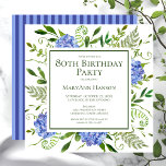 80th Birthday Blue Hydrangeas Floral Watercolor Invitation<br><div class="desc">This blue hydrangea 80th birthday party/bunch invitation is whimsical and stunning! With its watercolor multi-hued blue hydrangeas, wispy natural greenery, and coordinating blue striped back it is perfect for any young woman you love. By selecting Personalise this template and typing in your information you can see your gorgeous invitations in...</div>