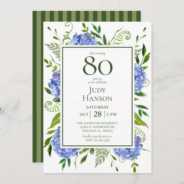 80th Birthday Blue Hydrangeas Invitation (Front/Back)