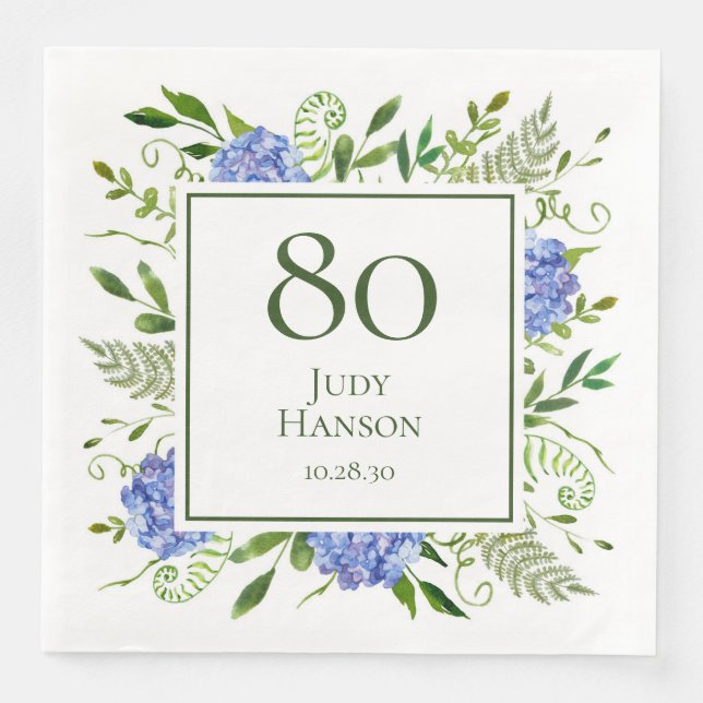 80th Birthday Blue Hydrangeas Napkin (Front)