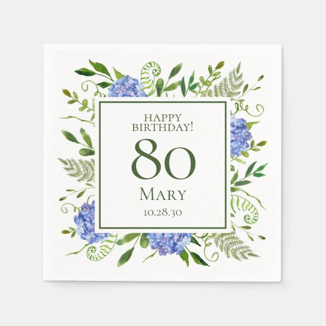 80th Birthday Blue Hydrangeas Napkin (Front)