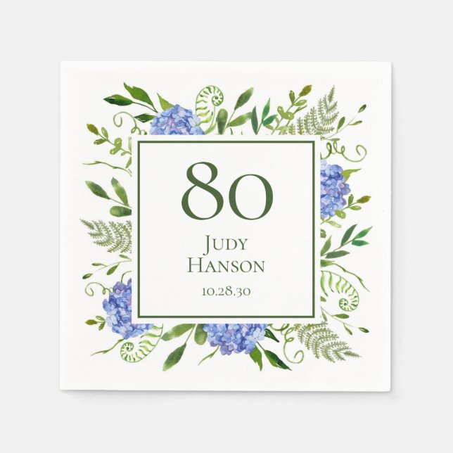 80th Birthday Blue Hydrangeas Napkin (Front)