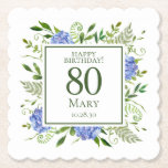 80th Birthday Blue Hydrangeas Paper Coaster<br><div class="desc">These blue hydrangea 80th birthday party/brunch paper coasters are whimsical and stunning! With their watercolor multi-hued blue hydrangeas, wispy natural greenery they are perfect for celebrating your wife, mum, sister, aunt, friend, grandmother, great grandmother. They'll look fabulous on your bar and tables. By selecting Personalise this template and typing in...</div>