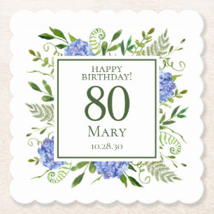 80th Birthday Blue Hydrangeas Paper Coaster