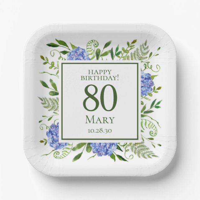 80th Birthday Blue Hydrangeas Paper Plate (Front)