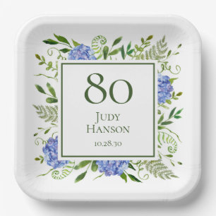 80th Birthday Blue Hydrangeas Paper Plate