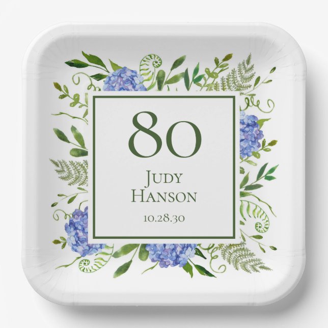 80th Birthday Blue Hydrangeas Paper Plate (Front)