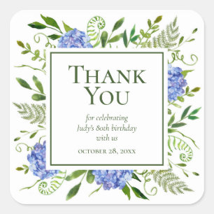 80th Birthday Blue Hydrangeas Thank You Square Sticker
