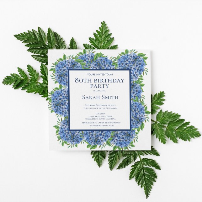 80th Birthday Blue Hydrangeas Watercolor Party Inv Invitation (Creator Uploaded)