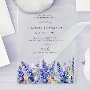 80th Birthday Blue Larkspur July Birth Flower Acrylic Invitations
