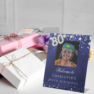 80th Birthday blue silver stars photo welcome Pedestal Sign