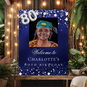 80th Birthday blue silver stars photo welcome Poster