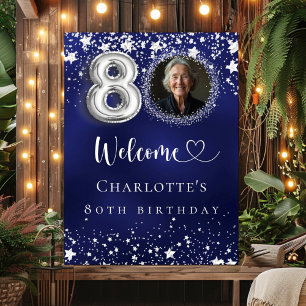 80th Birthday blue silver stars photo welcome Poster