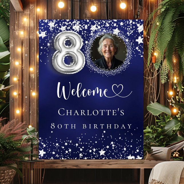 80th Birthday blue silver stars photo welcome Poster (Creator Uploaded)