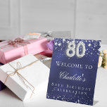 80th Birthday blue silver stars welcome party Pedestal Sign<br><div class="desc">A welcome sign for a 80th birthday party.  A navy blue background with elegant faux silver stars. The blue colour is uneven.  Personalise and add a name and text.  White letters.</div>