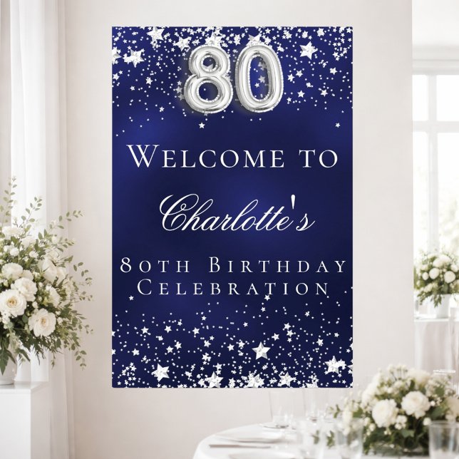 80th Birthday blue silver stars welcome party Poster (Creator Uploaded)