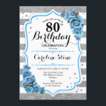 80th Birthday - Blue Silver White Stripes Invitation<br><div class="desc">80th Birthday Invitation.
Elegant design in faux glitter silver,  white and turquoise aqua blue. Features stylish script fort,  stripes and blue roses. Perfect for an elegant birthday party. Can be customized into any age.</div>