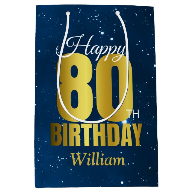 80th Birthday Blue Space Typography Medium Gift Bag (Front)