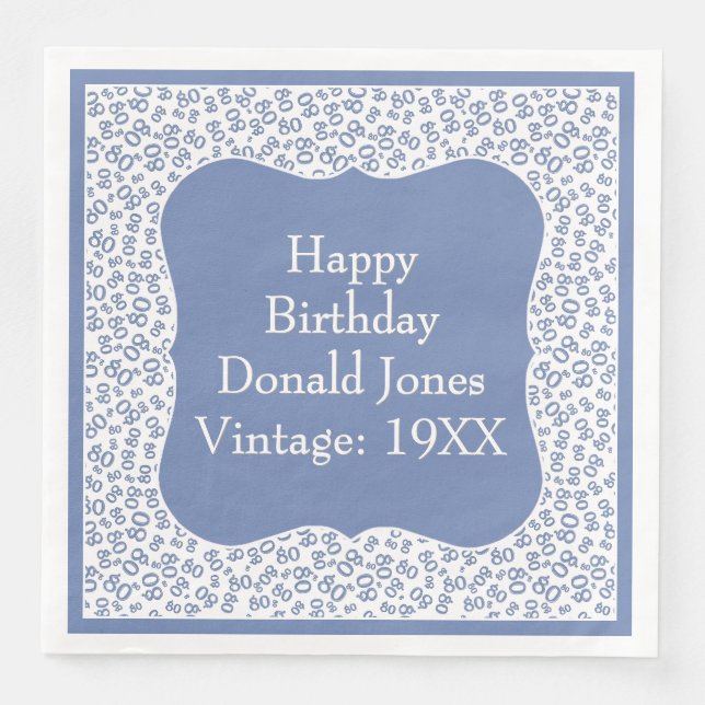 80th Birthday Blue/White Bracket Number Pattern Napkin (Front)
