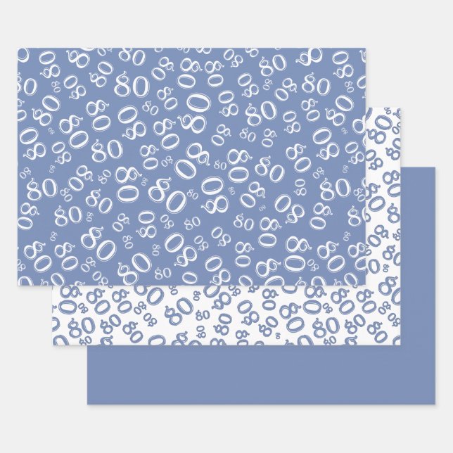 80th Birthday Blue & White Number Pattern 80 Wrapping Paper Sheet (Set)
