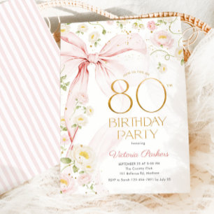 80th Birthday Blush Pink Bow Floral Invitation