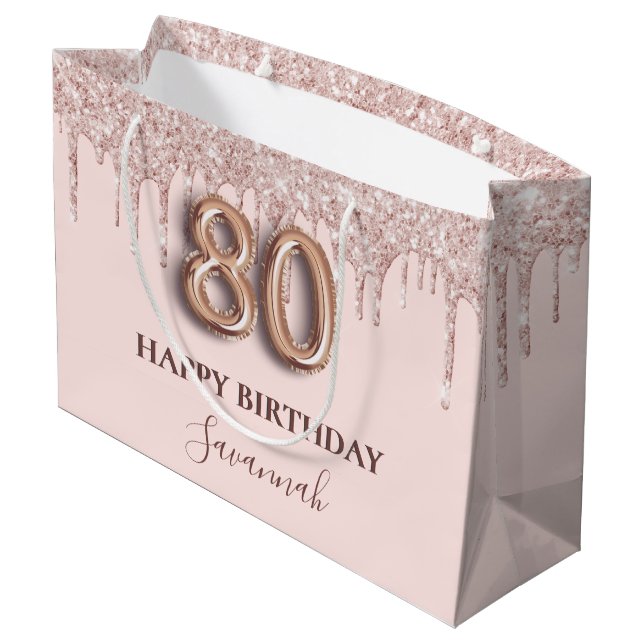 80th birthday blush pink glitter drips rose gold large gift bag (Back Angled)