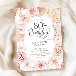 80th Birthday Blush Pink Gold Floral Invitation