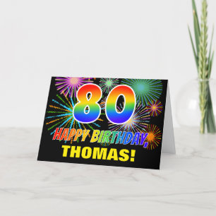 80th Birthday: Bold, Fun, Fireworks, Rainbow 80 Card