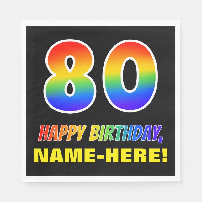 80th Birthday: Bold, Fun, Simple, Rainbow 80 Napkin (Front)