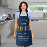80th Birthday Born 1943 Blue Gold Lady's Apron<br><div class="desc">A personalised classic blue apron design for that birthday celebration for somebody born in 1943 and turning 80. Add the name to this vintage retro style blue, white and gold design for a custom 80 birthday gift. Easily edit the name and year with the template provided. A wonderful custom birthday...</div>