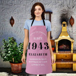 80th Birthday Born 1943 Pink Black Lady's Apron<br><div class="desc">A personalised classic pink apron design for that birthday celebration for somebody born in 1943 and turning 80. Add the name to this vintage retro style pink, white and black design for a custom 80 birthday gift. Easily edit the name and year with the template provided. A wonderful custom birthday...</div>