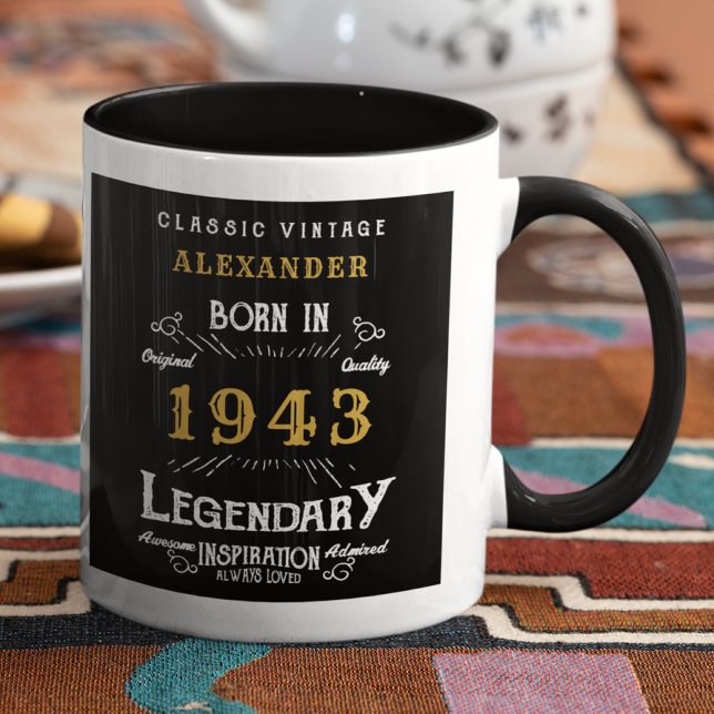 80th Birthday Born 1943 Retro Black Personalised Mug (Creator Uploaded)