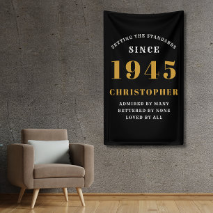 80th Birthday Born 1945 Add Name Black Gold Banner