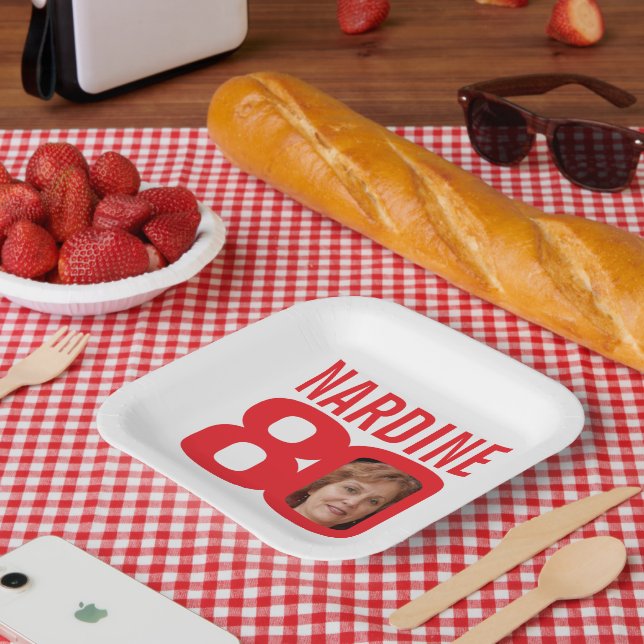 80th birthday bright red white 80 custom photo paper plate (Picnic)