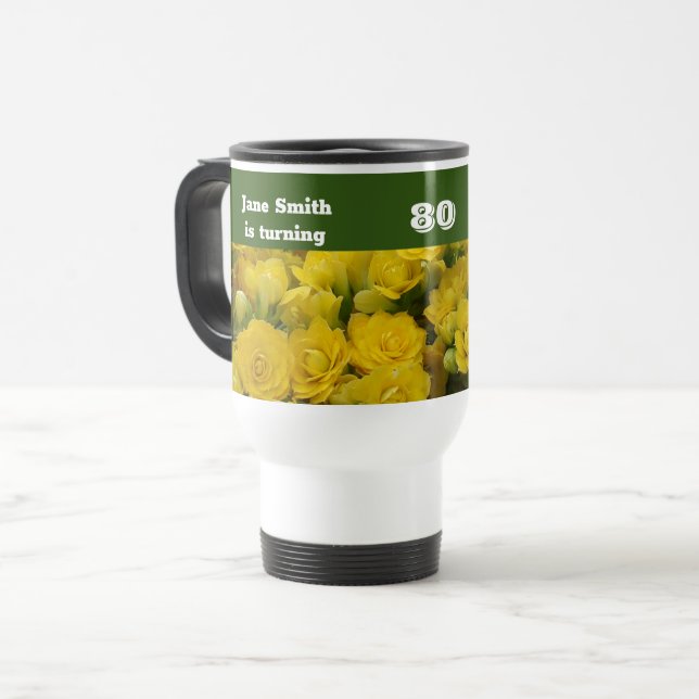 80th Birthday Bright Yellow Flower Photo Floral Travel Mug (Front Left)