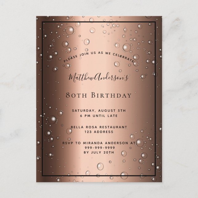 80th Birthday bronze brown black bubble invitation Postcard (Front)