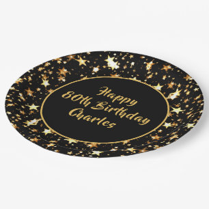 80th Birthday Brush Script Gold Stars Custom Black Paper Plate