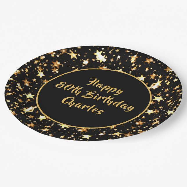 80th Birthday Brush Script Gold Stars Custom Black Paper Plate (Angled)