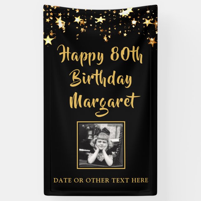80th Birthday Brush Script Gold Stars Photo Black Banner (Vertical)