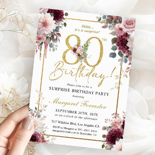 80th Birthday Burgundy Blush Floral Gold Glitter Invitation