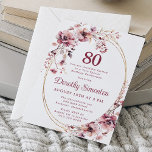 80th Birthday Burgundy Blush Pink Wildflower Invitation<br><div class="desc">Soft burgundy and pink wildflowers create a beautiful floral design on this elegant 80th birthday invitation. The pink flowers are nestled in soft neutral leaves. They decorate a chic multi-strand gold frame. 80 is written in a large burgundy red colour. The text is an upright traditional font. The birthday celebrant's...</div>