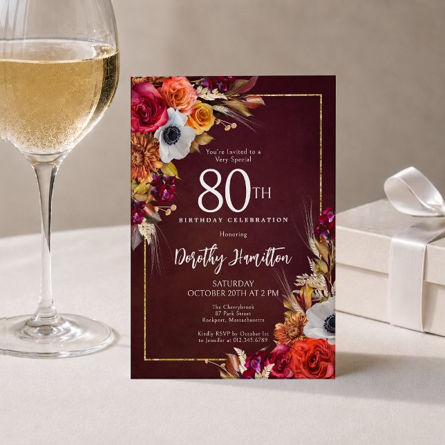 80th Birthday Burgundy Fall Flowers Elegant Script Invitation (Creator Uploaded)
