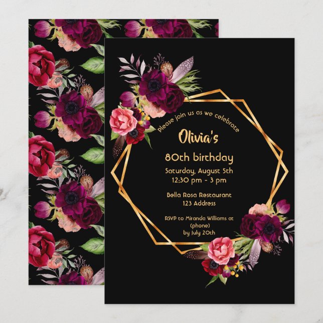 80th birthday burgundy floral gold geometric black invitation (Front/Back)